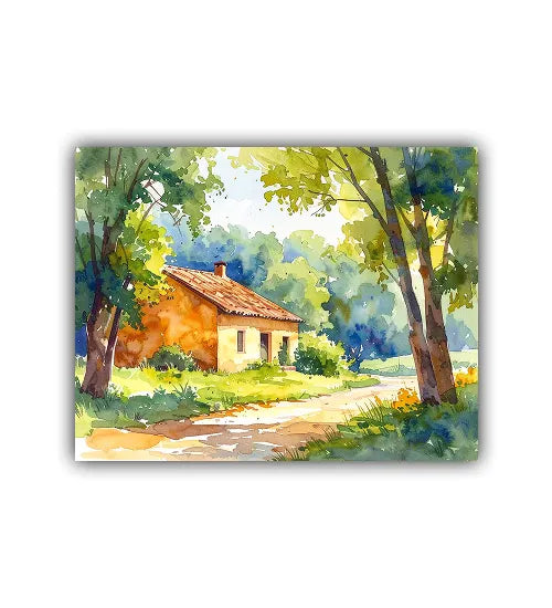 Painting of a rustic house surrounded by trees and greenery