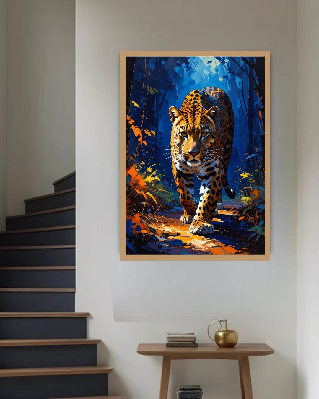 Wild Leopard Canvas Print in Natural Wood Frame Displayed in Modern Entryway