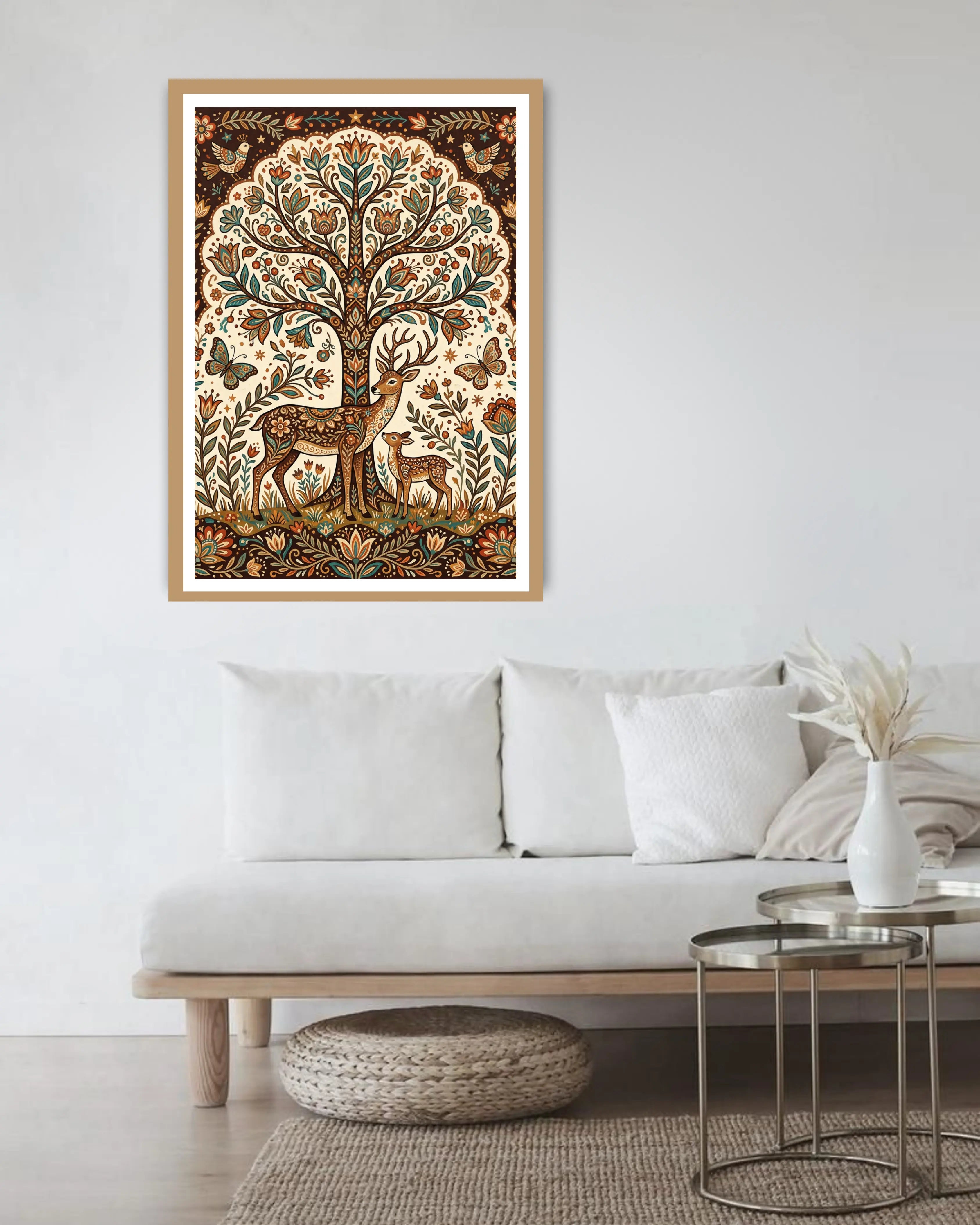 tree of life artwork with deer displayed in modern home decor setup