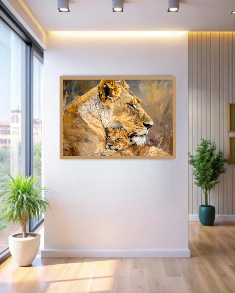 Majestic lion canvas wall art displayed in a modern living room with natural lighting and contemporary décor.