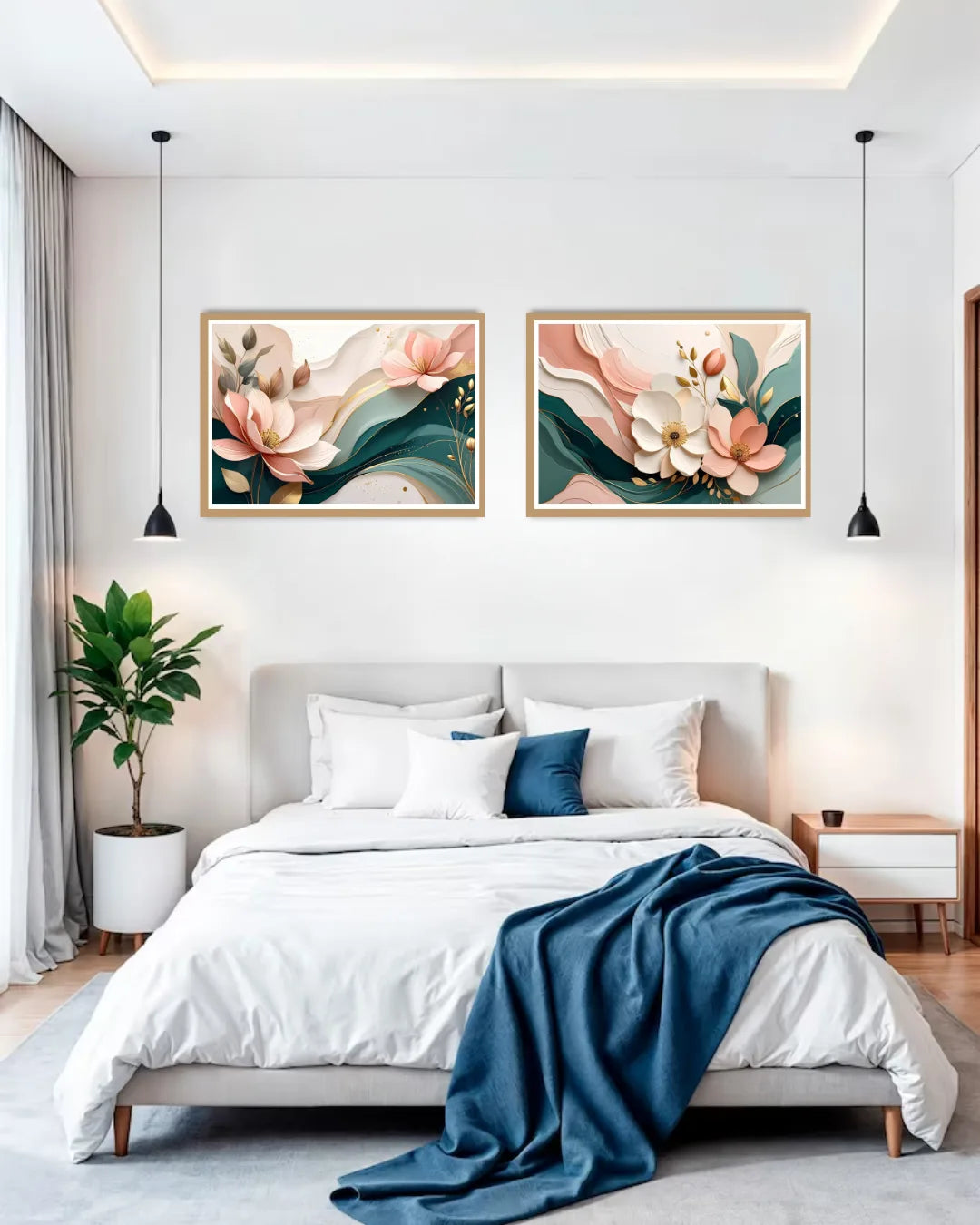 elegant lotus flower painting displayed above bed in modern bedroom