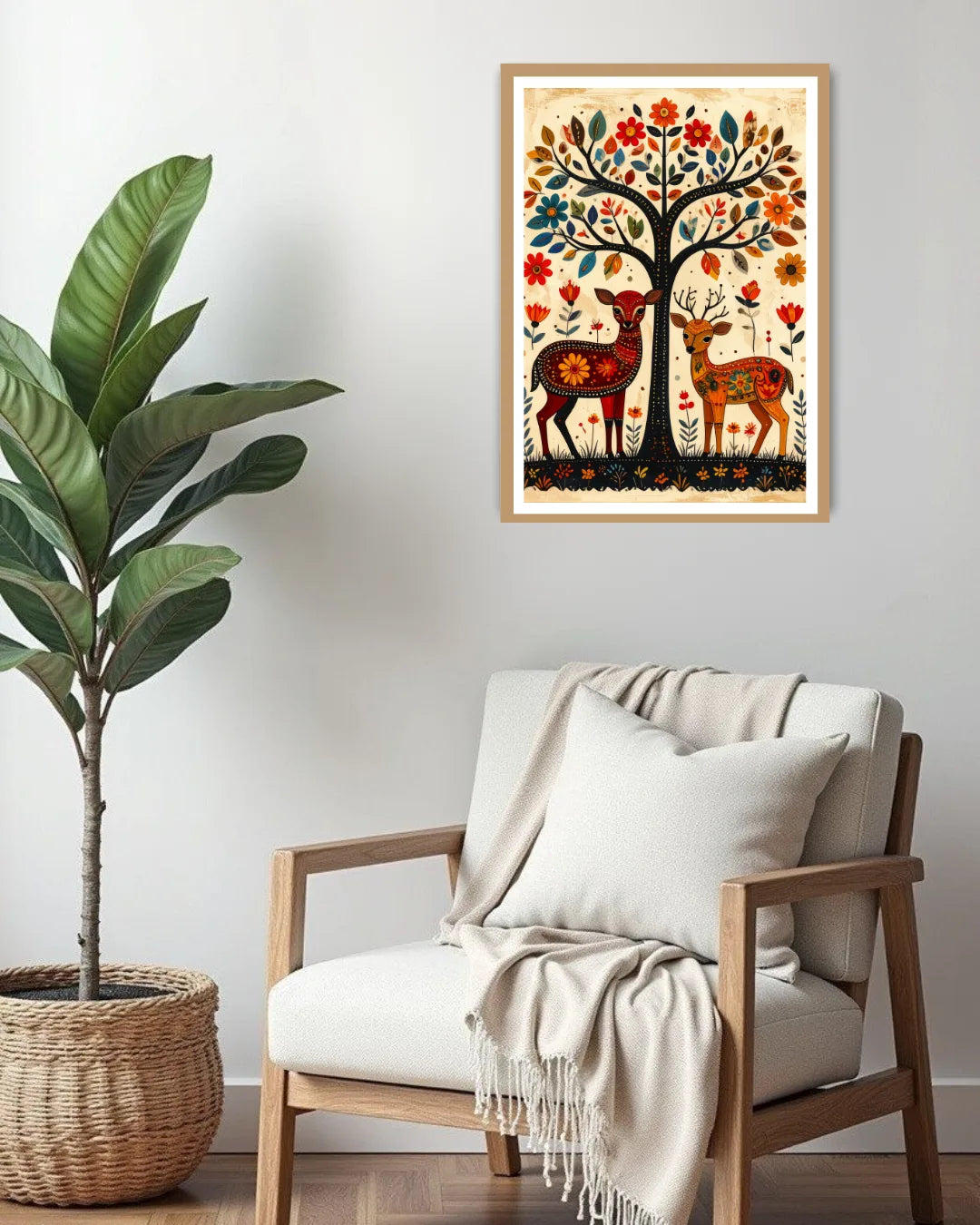 colorful madhubani deer painting with tree above chair in cozy corner