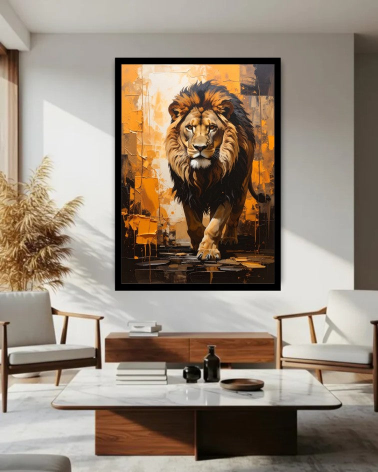 Framed majestic lion canvas artwork showcased in a contemporary living room with elegant furniture.