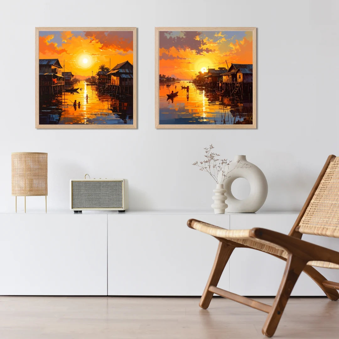 Golden Reflections: Sunset Village on the Water