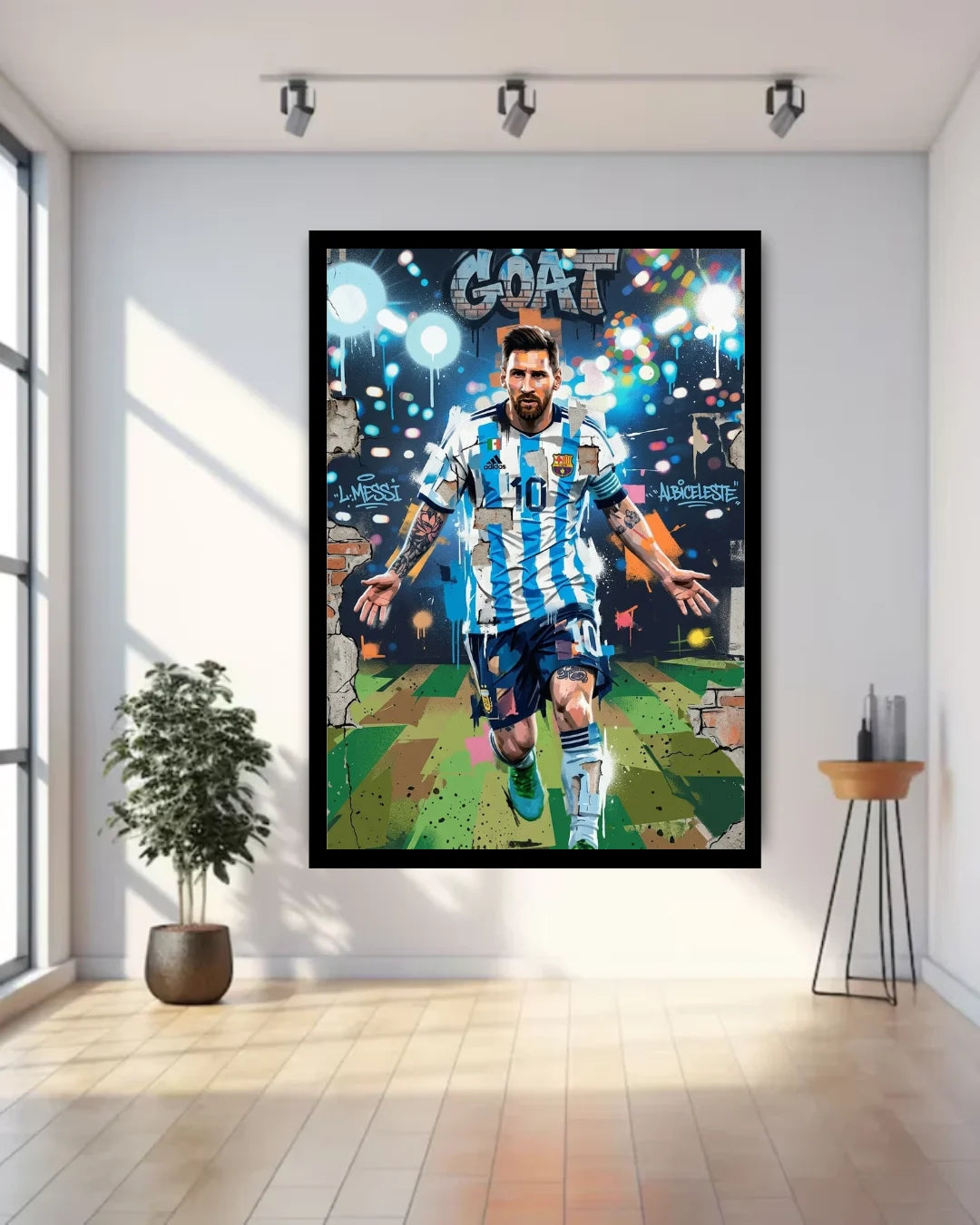 Framed poster of a soccer player in a colorful setting on a wall in a room with a plant and side table.