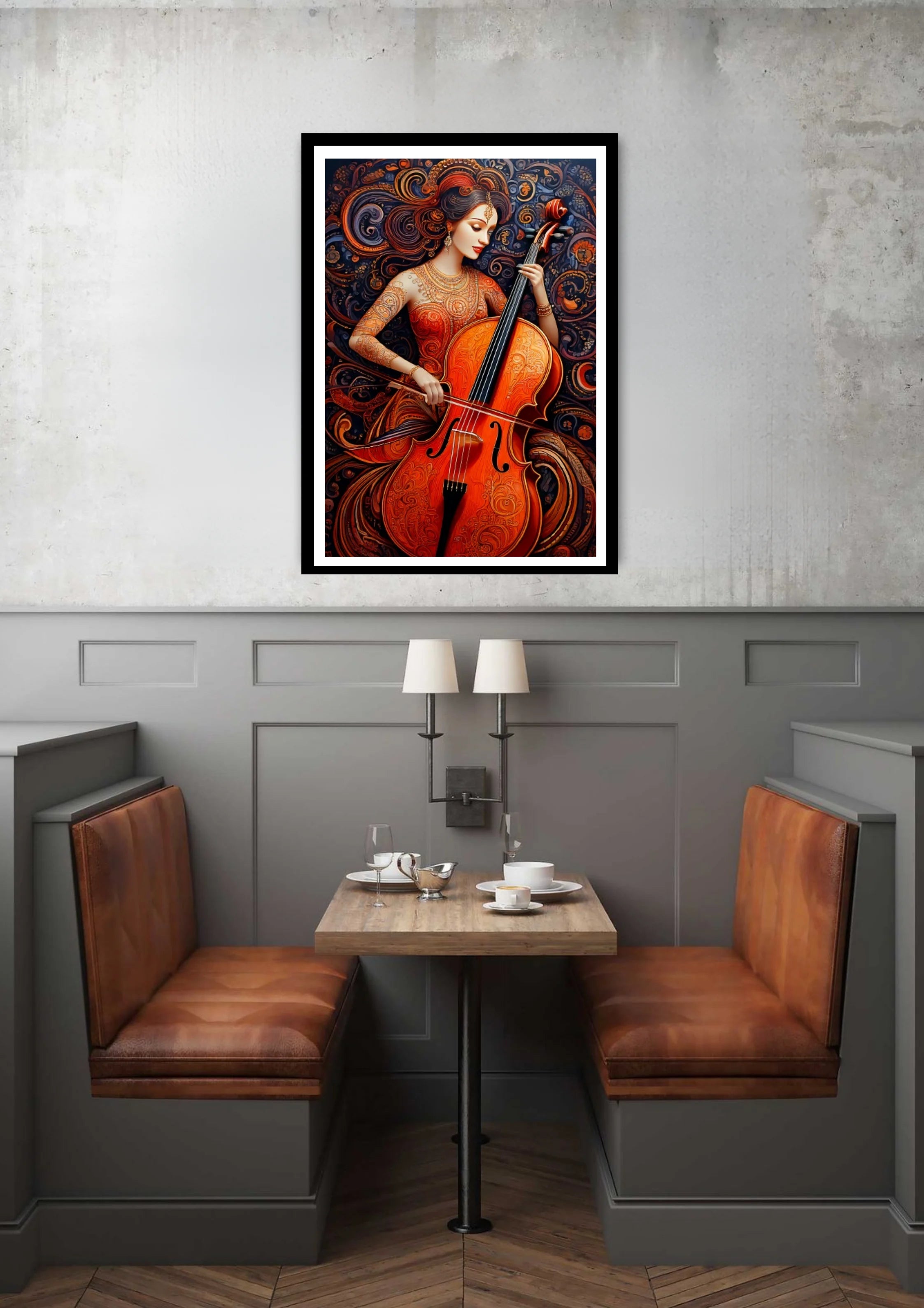 Modern Cello wall art painting above sofa in living room decor