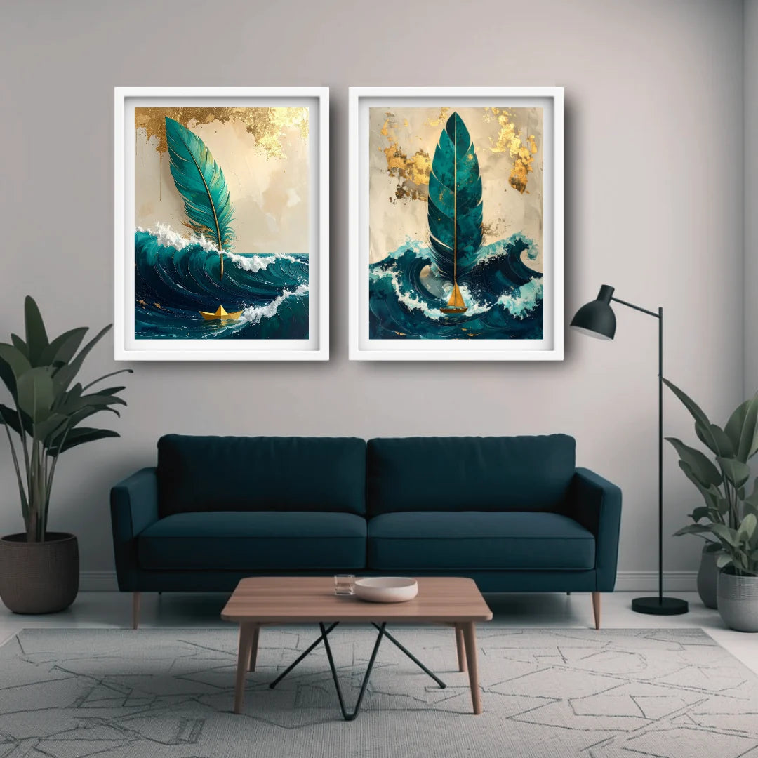 Modern feather ocean wall art set for bedroom and living room
