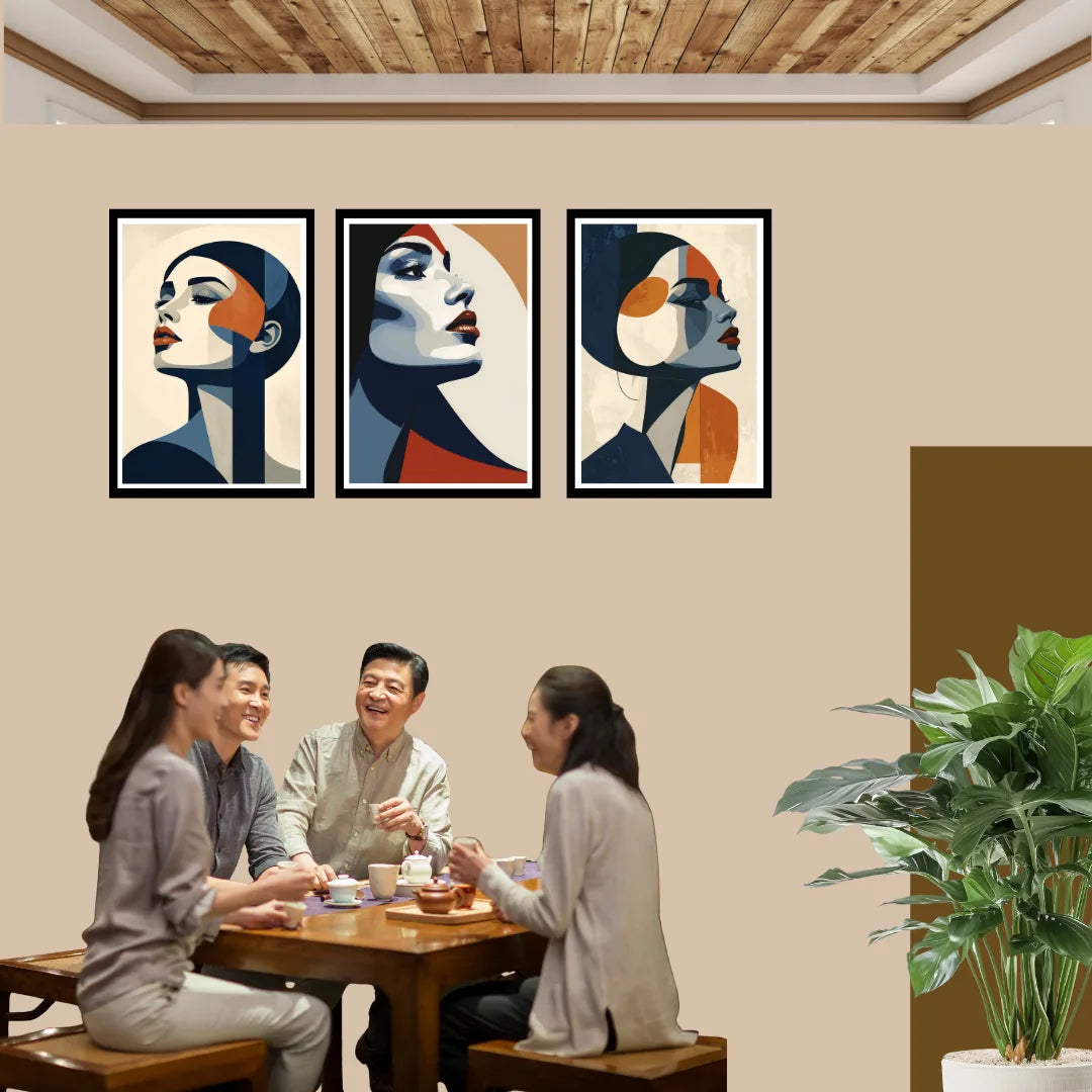 Modern portrait canvas wall decor set for cafe and dining interior