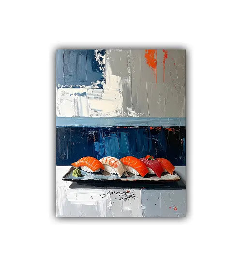Modern sushi canvas wall art with abstract food presentation