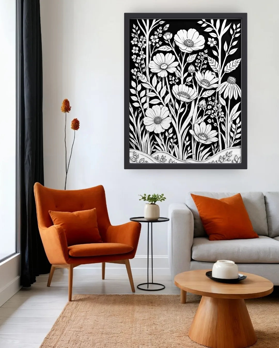 black and white flower painting wall art decor