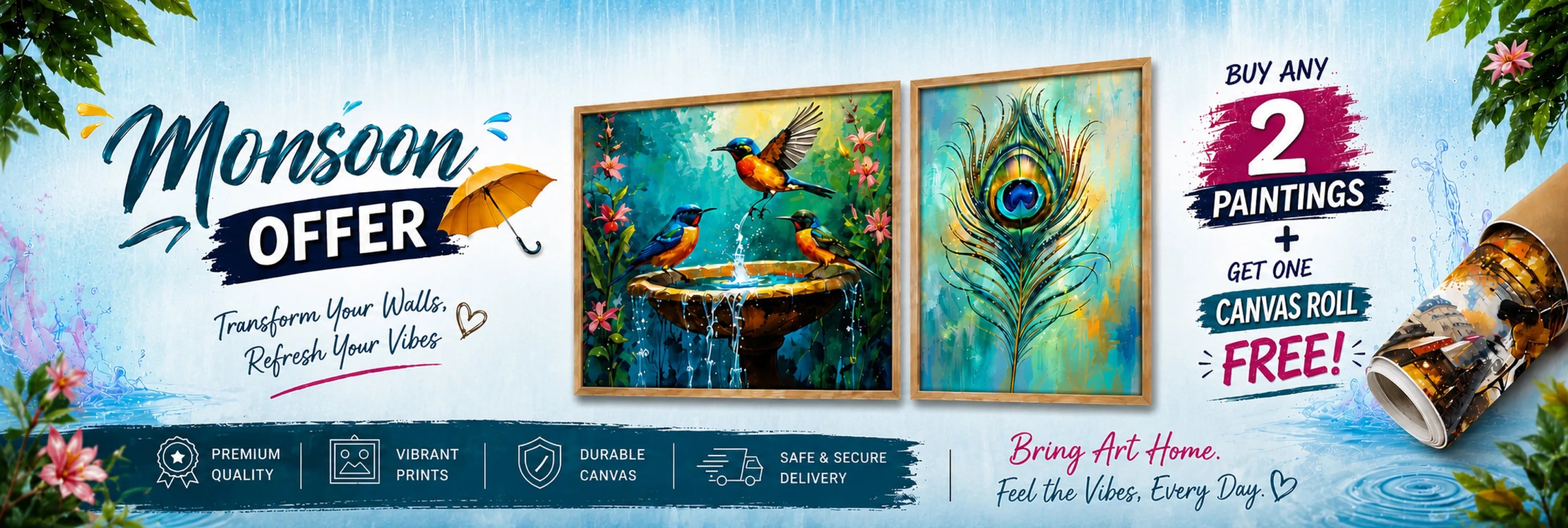 Promotional banner for a monsoon-themed painting and canvas roll offer, featuring two framed paintings (one with peacock feathers and one with birds at a well), a rolled canvas, and marketing text on a blue watercolor background.