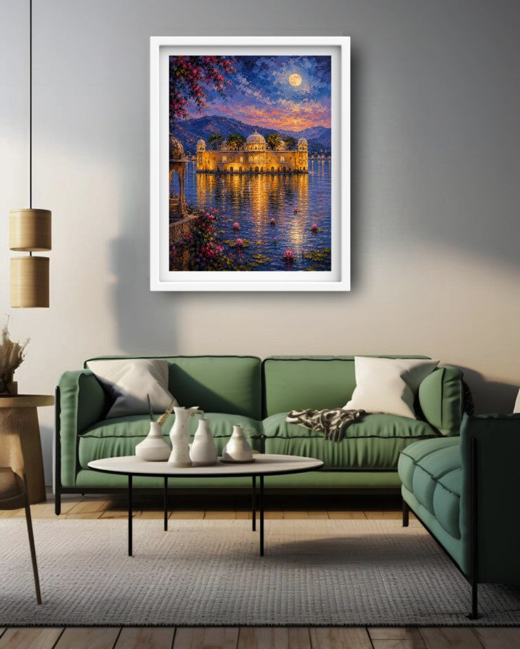A framed art print depicting a scenic lake house at sunset is displayed on a gray wall above a green sectional sofa in a modern living room setting.