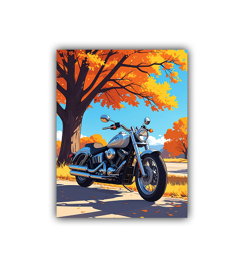 Retro motorcycle autumn tree canvas wall art painting
