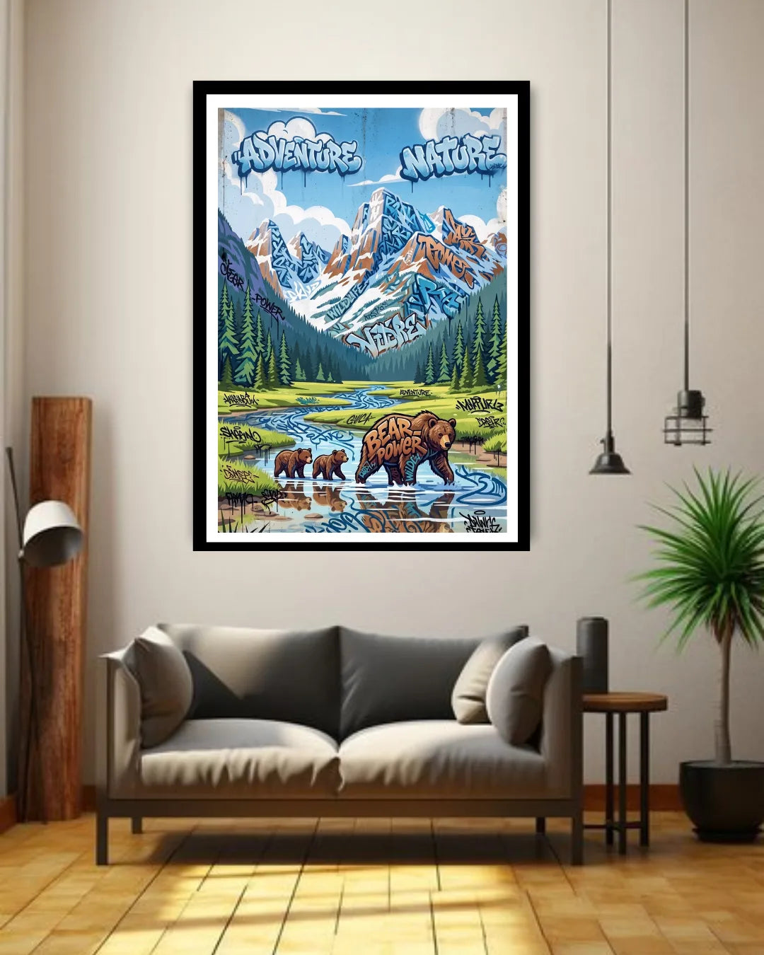 mountain beer wall art canvas displayed in modern living room