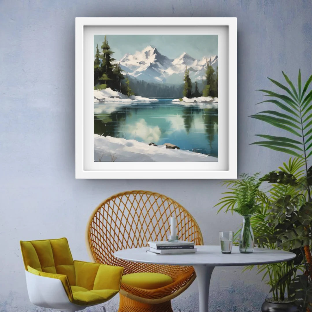 Framed mountain landscape painting above a modern living room setup with chairs and plants.