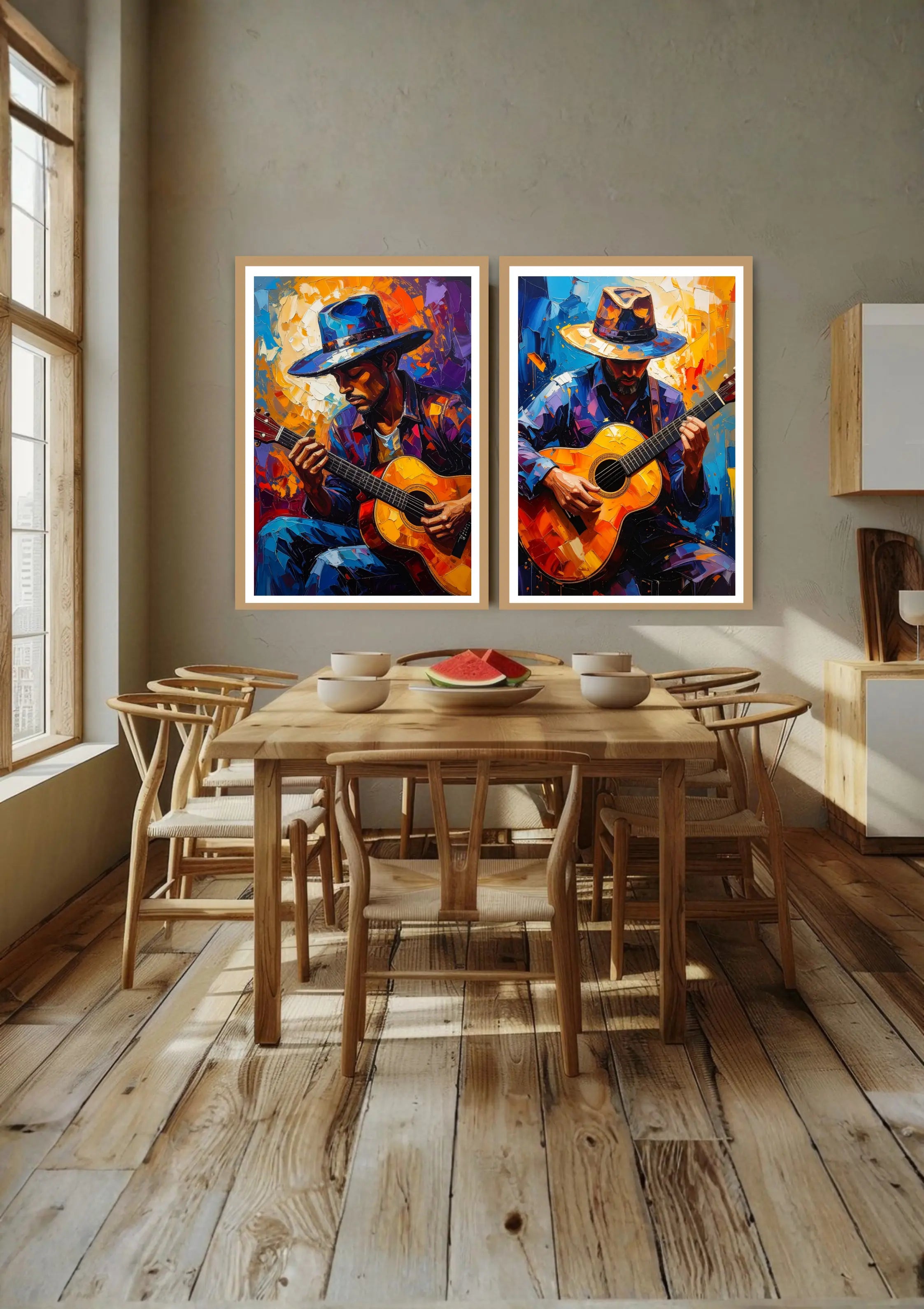 Music guitar wall art canvas in modern wooden interior decor