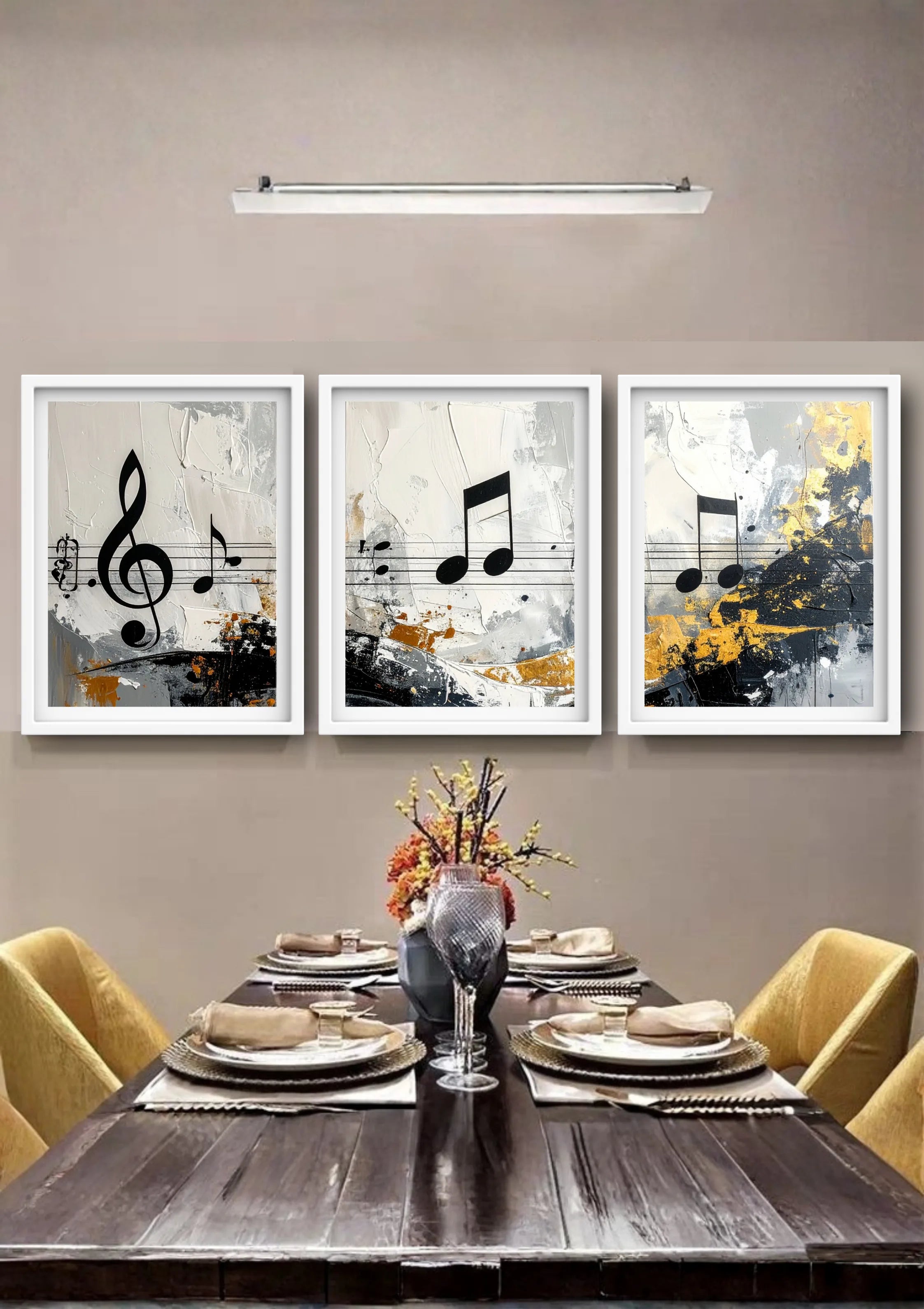 Music notes wall art canvas set of 3 modern decor for dining room interior