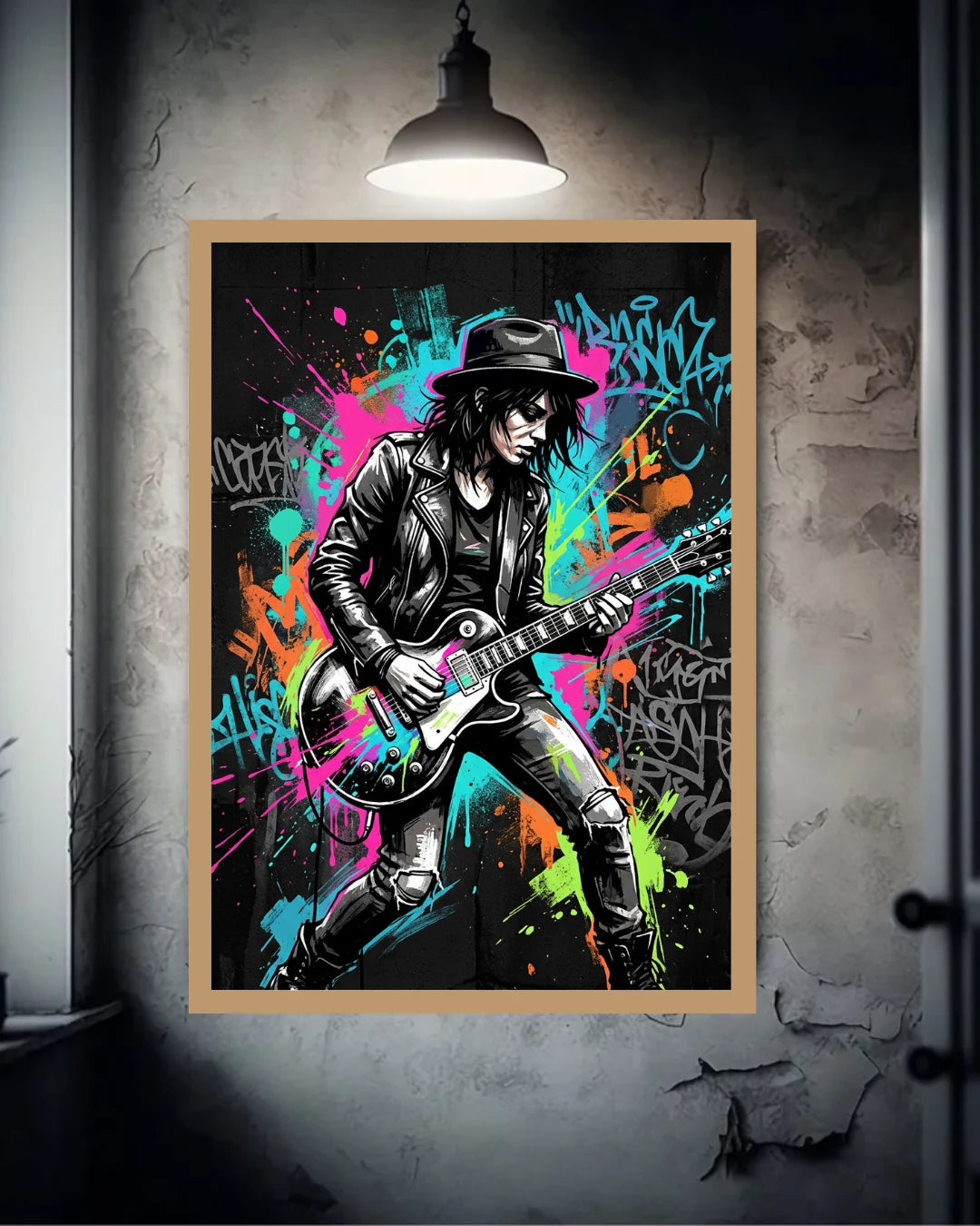 Framed artwork of a musician playing guitar with colorful splashes on a textured wall.