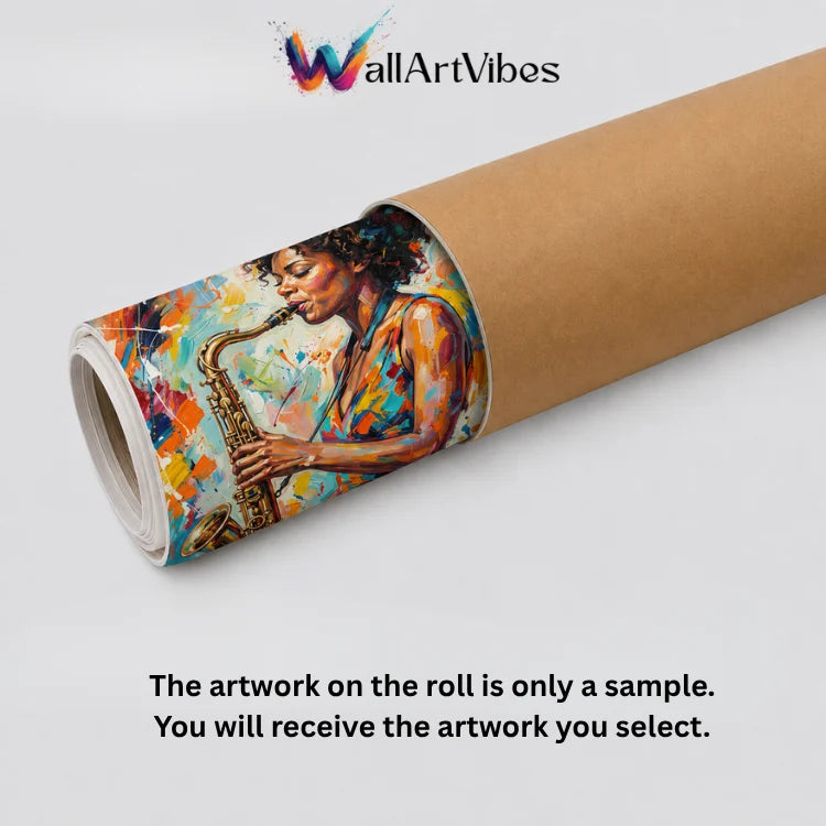 A rolled canvas print on a light gray background, showing a colorful painted portrait of a woman playing a saxophone. The roll itself is brown kraft paper, and text at the top and bottom reads &