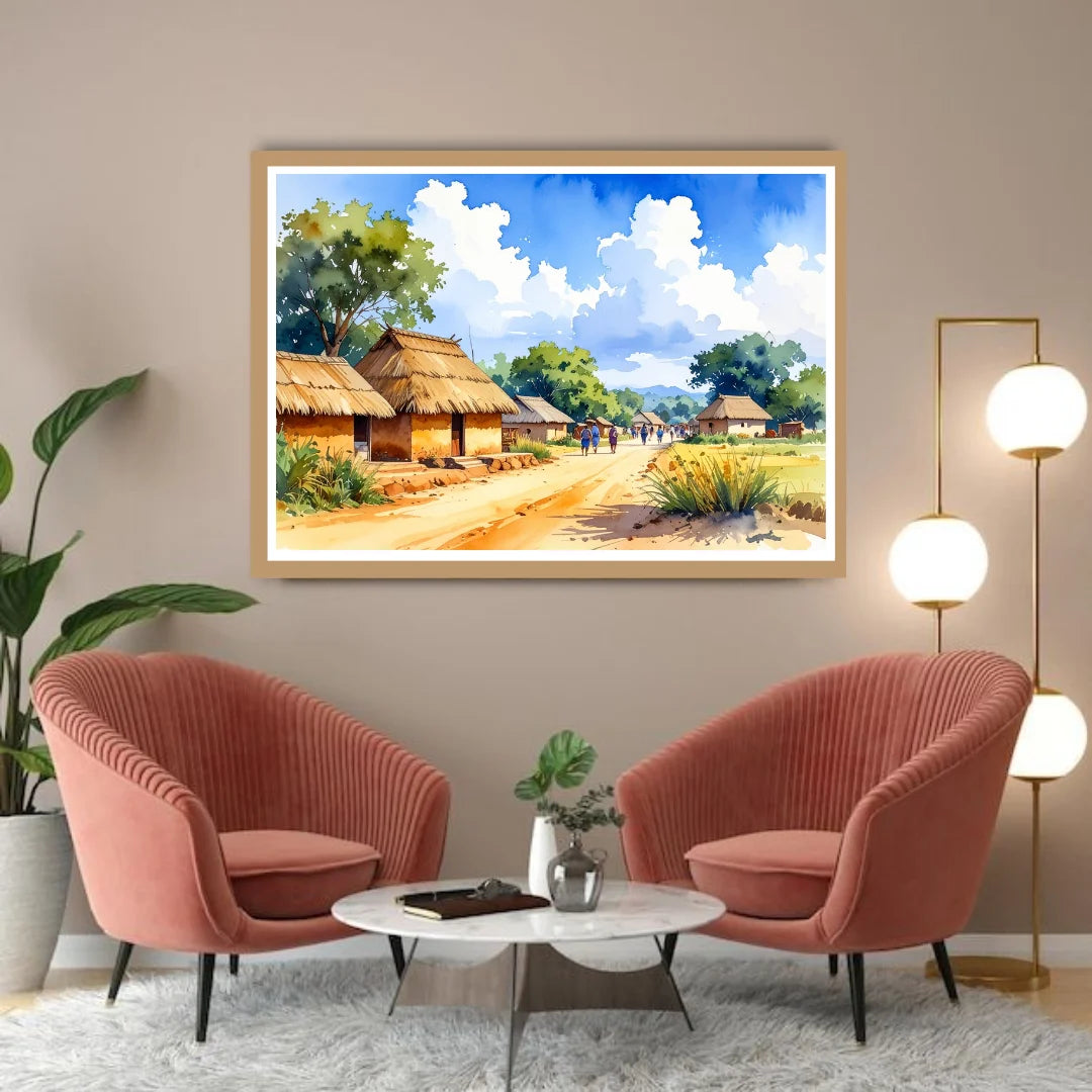 Living room with pink chairs, a coffee table, and a framed landscape painting on the wall.
