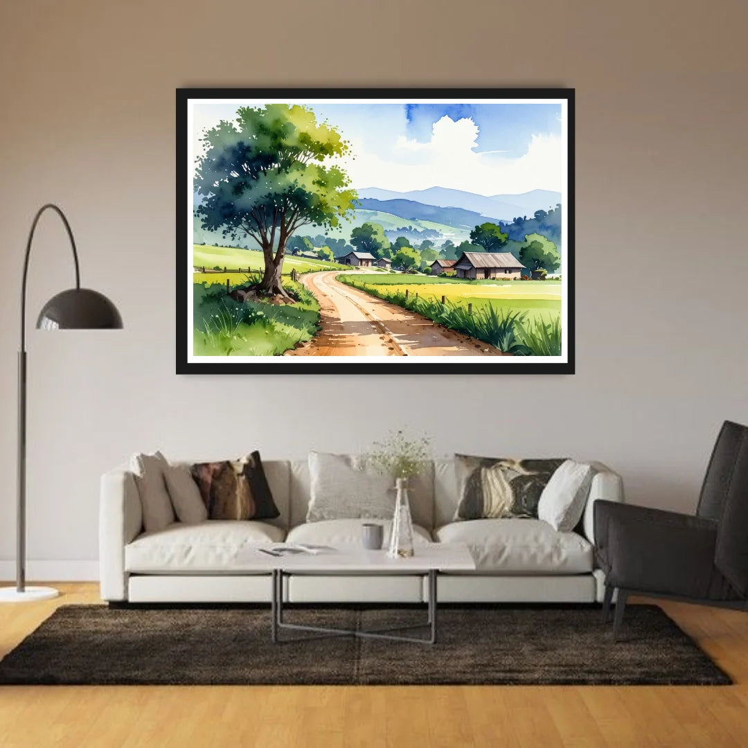 Framed landscape painting above a sofa in a living room
