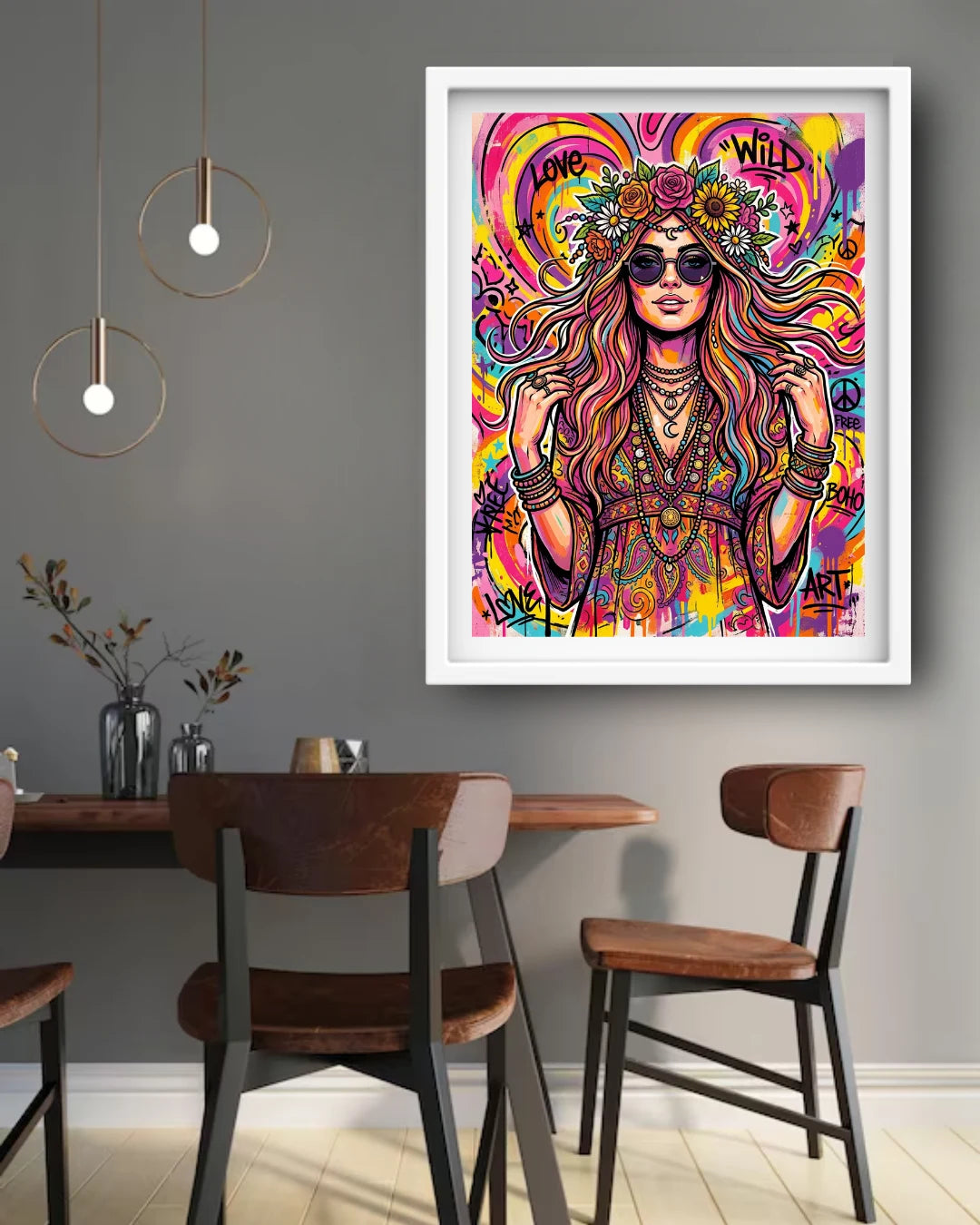 neon graffiti woman wall art canvas in stylish dining space