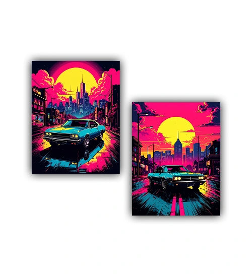 Neon city car sunset canvas wall art set