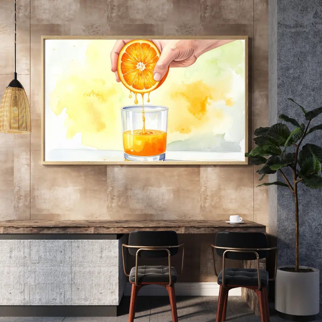 Orange juice wall art canvas painting with fresh citrus illustration