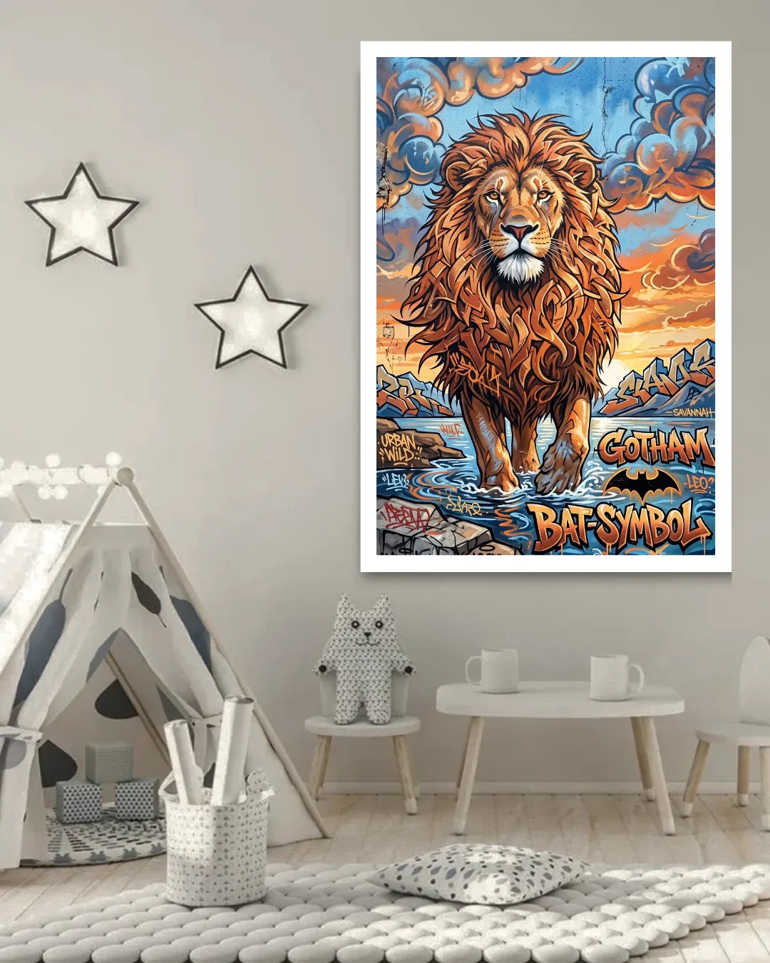 Colorful lion artwork on a wall in a child&