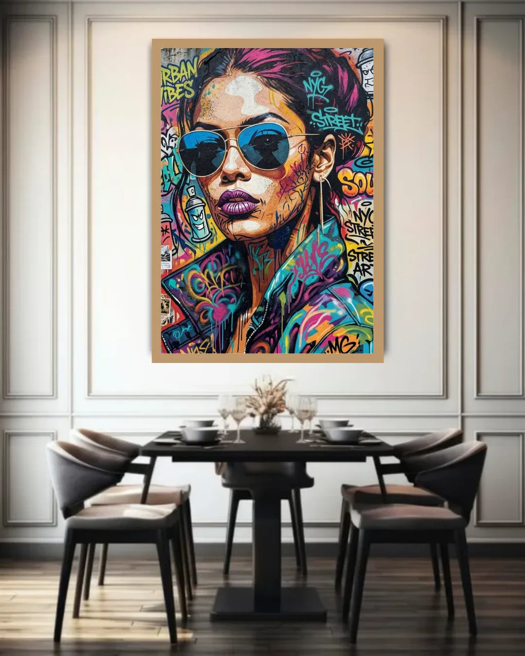 Colorful abstract painting of a woman with sunglasses in a dining room setting