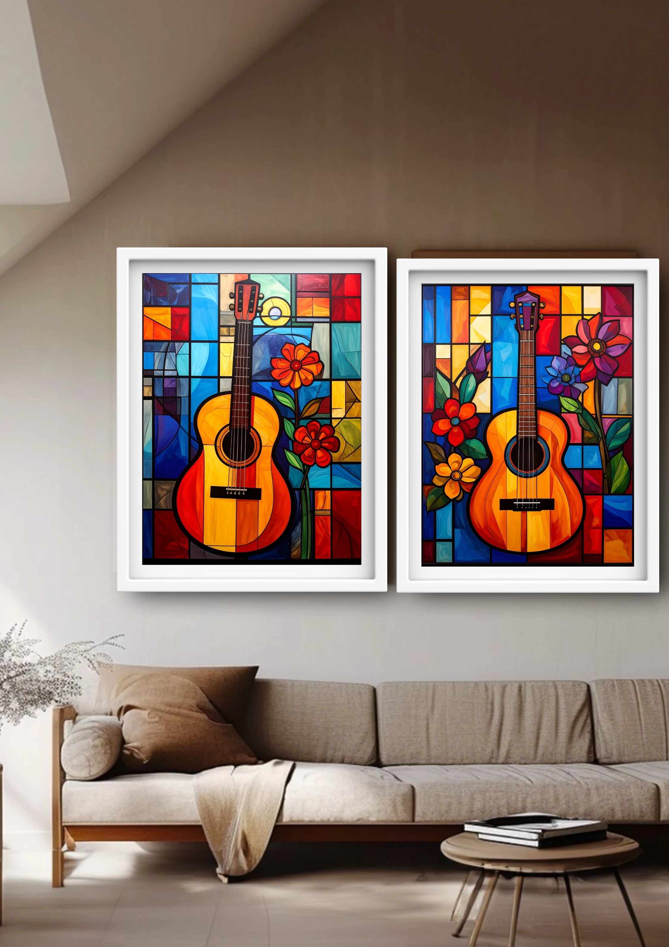 Two colorful stained glass-style paintings of guitars on a wall above a sofa.