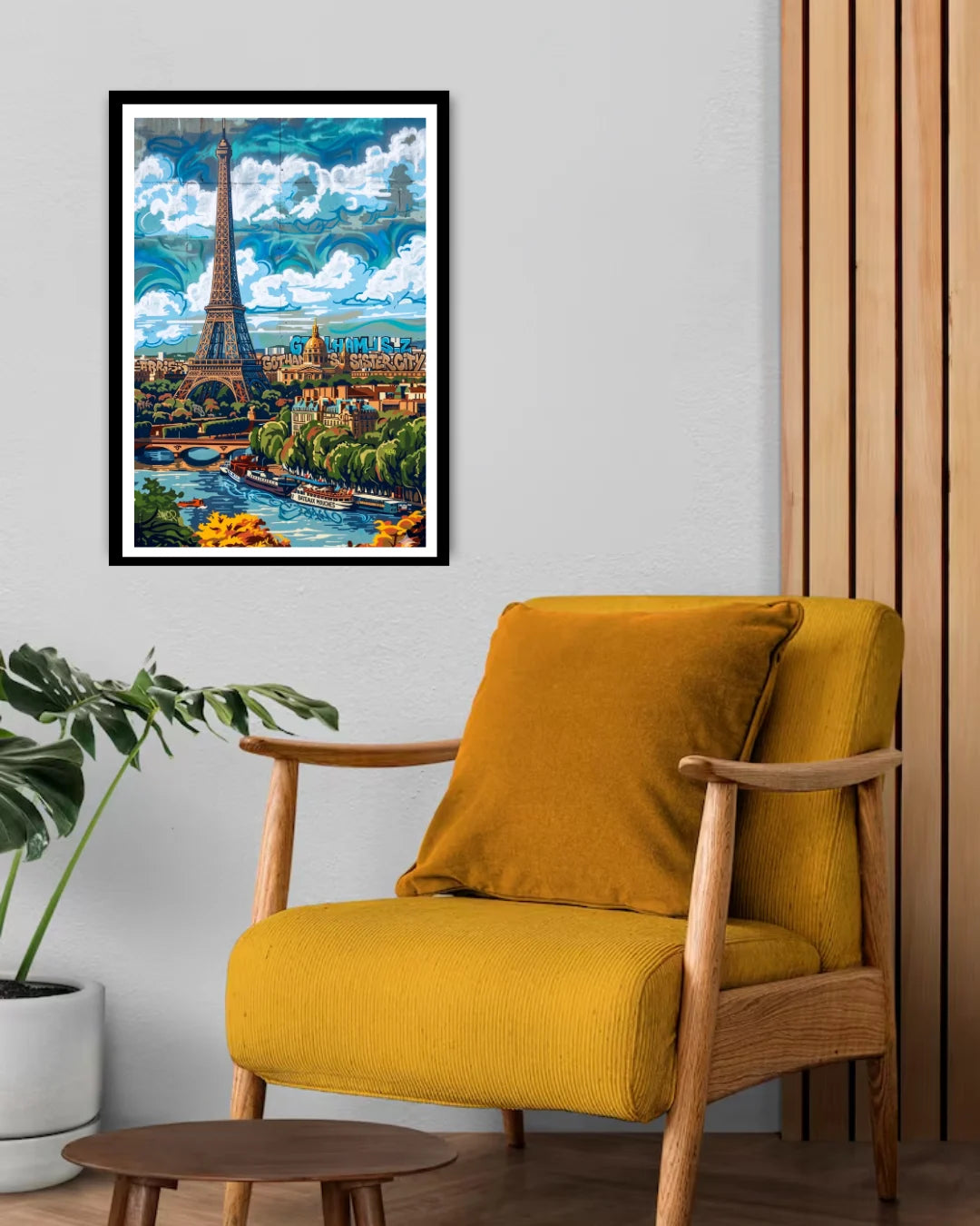 Paris Eiffel Tower painting displayed in stylish home interior