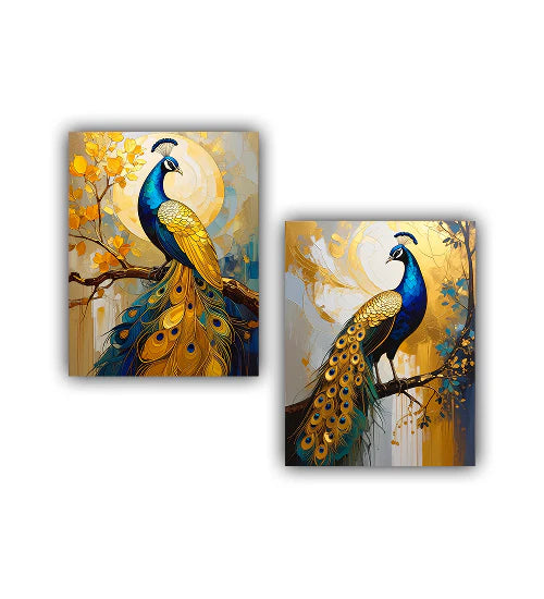 Peacock bird wall art canvas painting set with artistic details