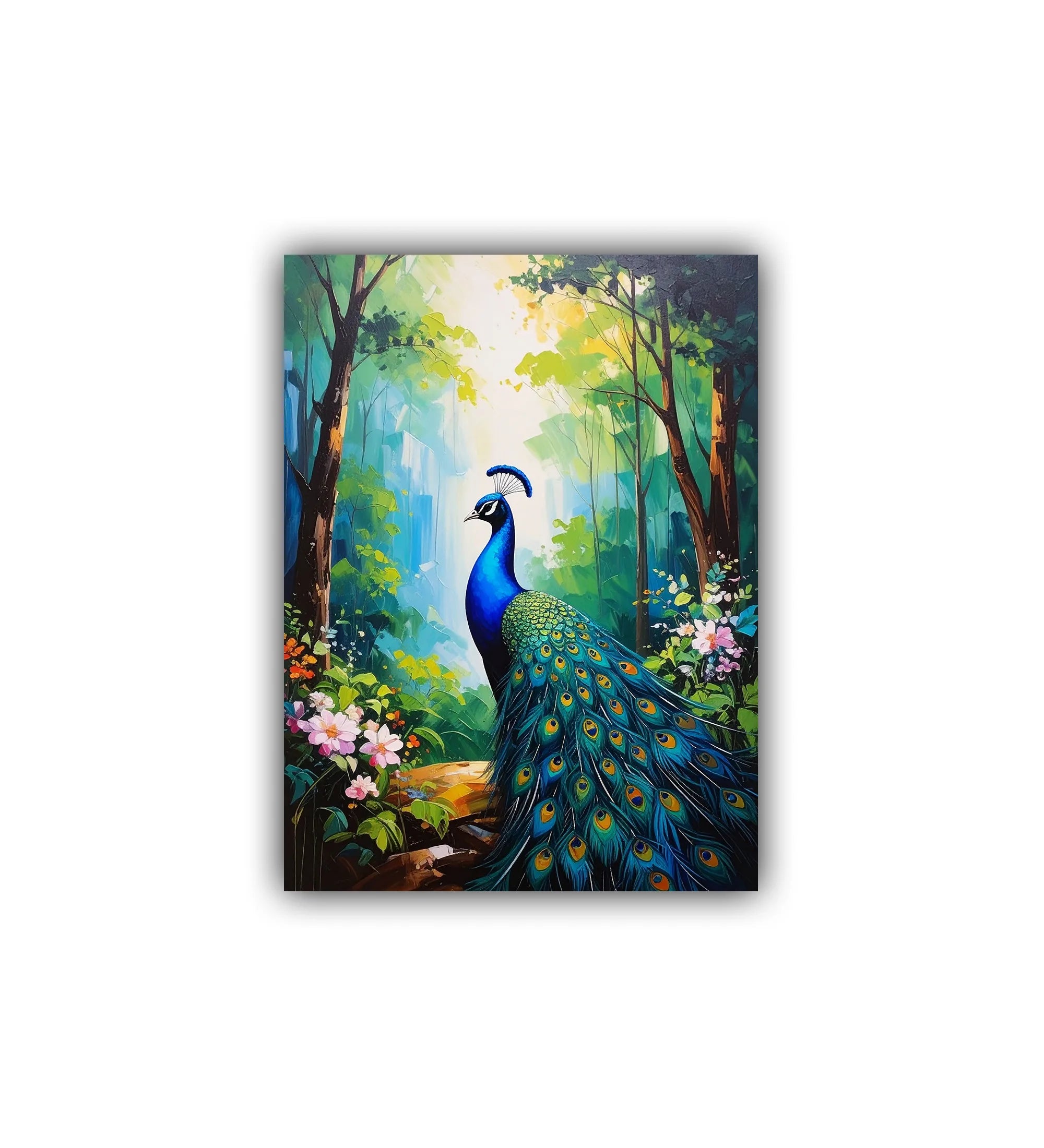 close-up of peacock canvas painting with vibrant colors and details