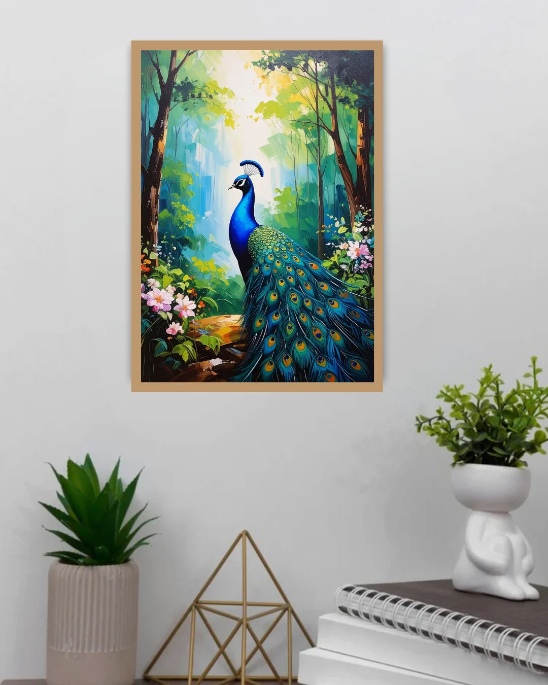 Framed painting of a peacock in a forest setting on a wall with decorative items below.