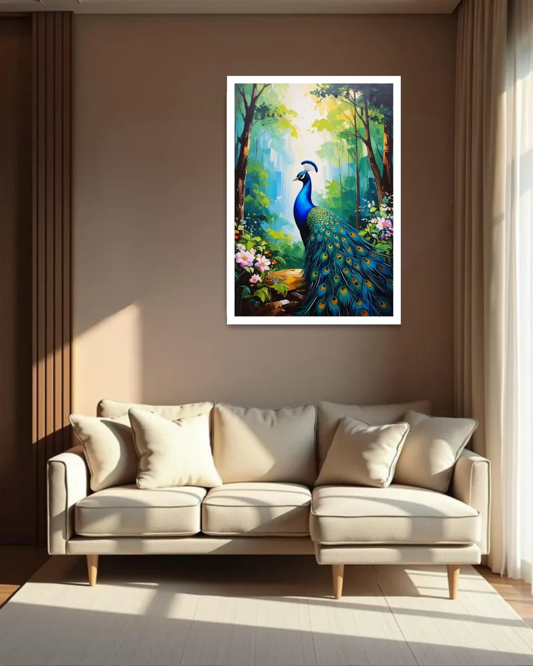 Framed painting of a peacock in a forest scene above a beige sofa in a living room.