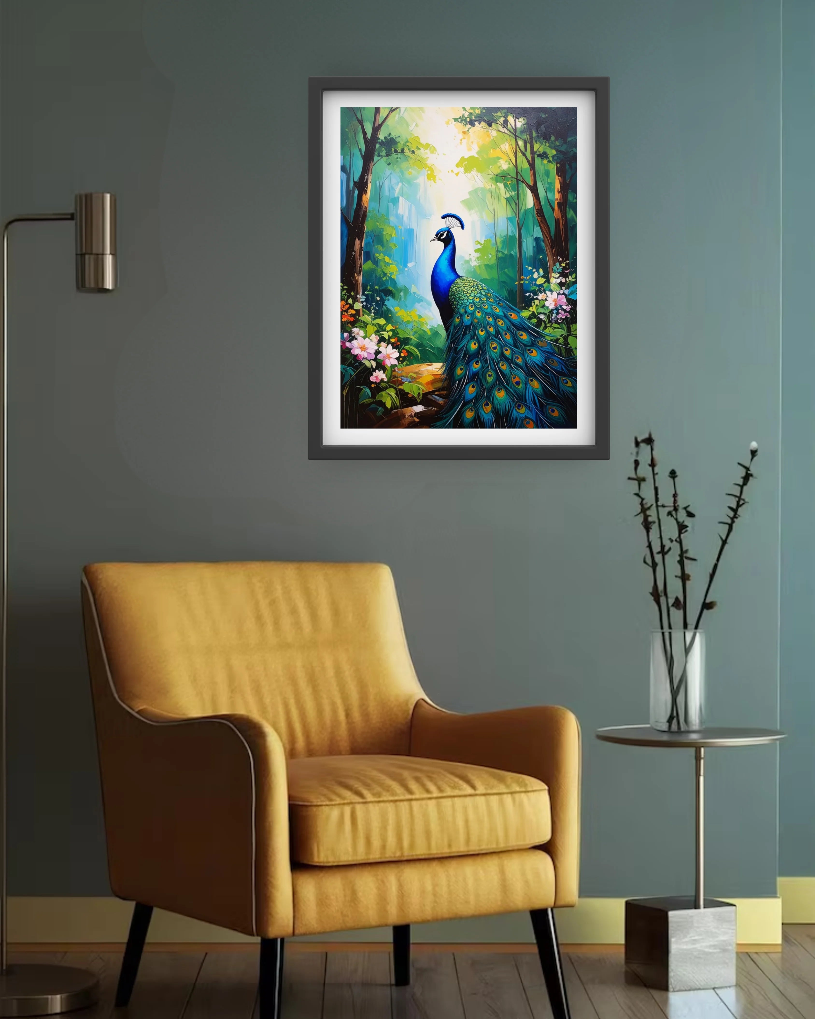 peacock wall painting placed in bedroom with aesthetic interior