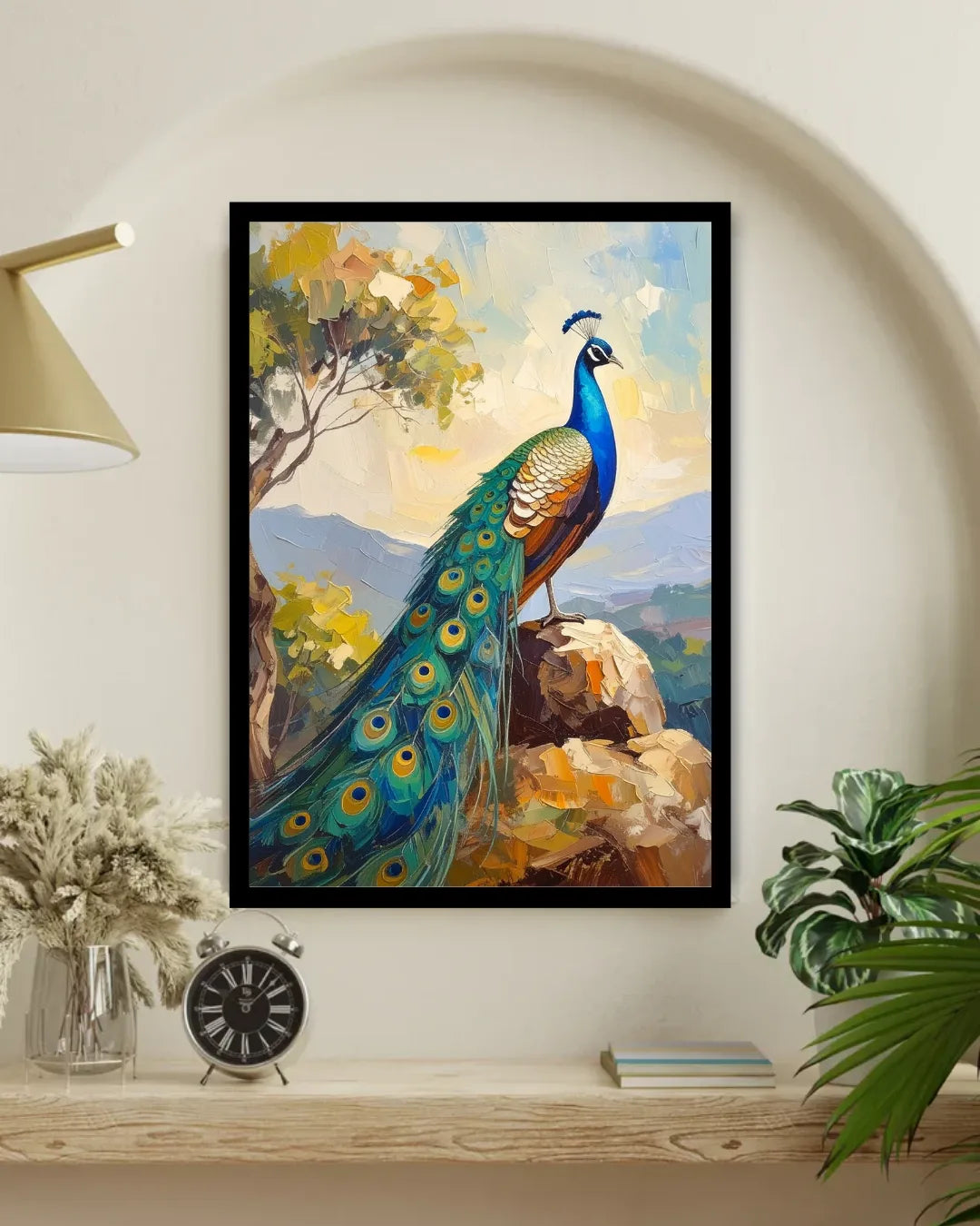 Elegant peacock canvas wall art displayed on an arched wall with indoor plants in a contemporary home