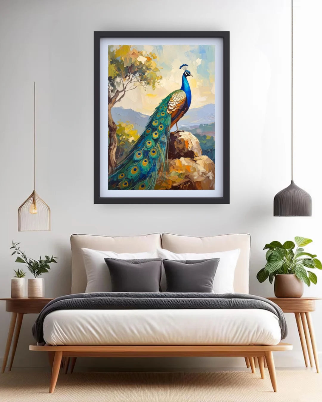 Peacock canvas wall art displayed above a bed in a modern bedroom with minimalist decor