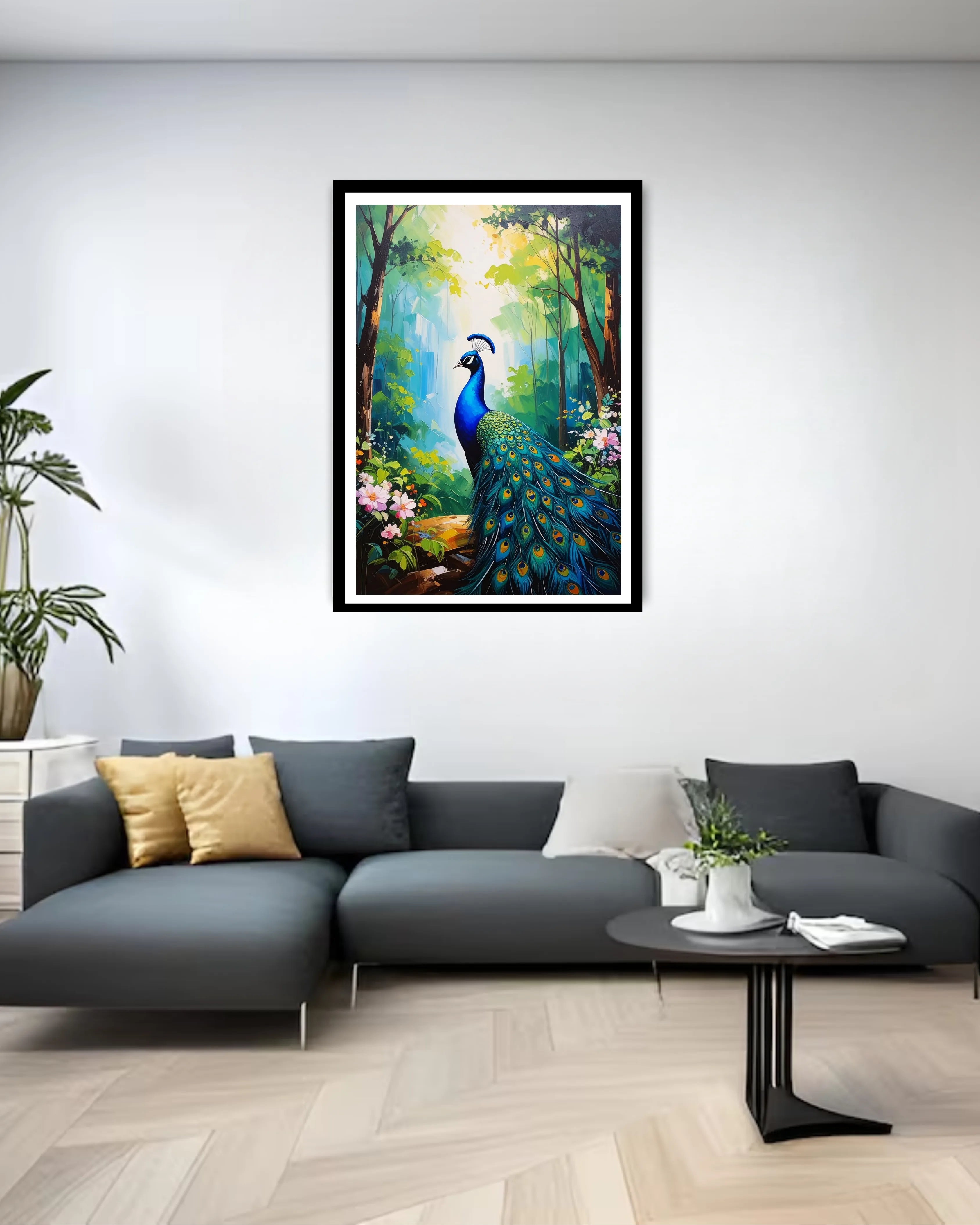 peacock wall art displayed above sofa in modern living room
