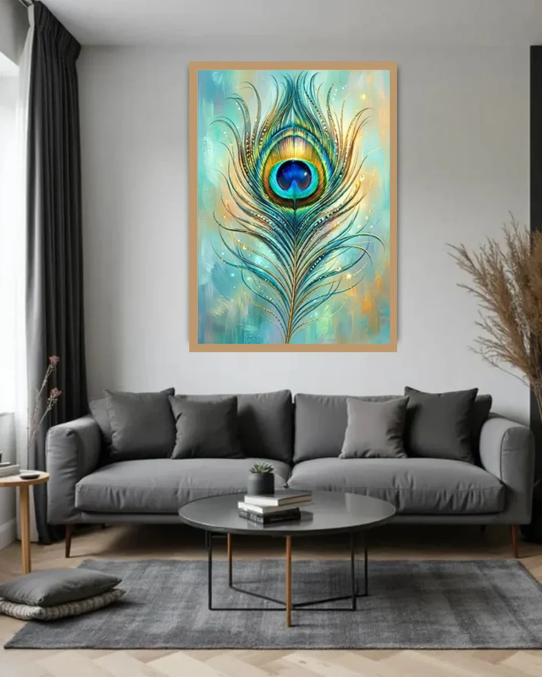 Living room with a gray sofa, round coffee table, and a colorful peacock feather painting on the wall.