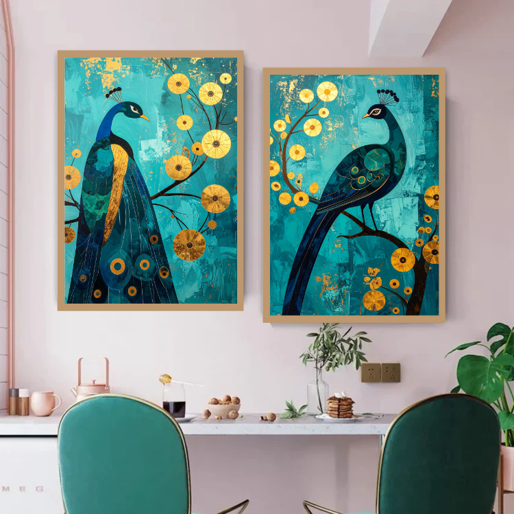 Two framed paintings of peacocks on a wall above a dining table.