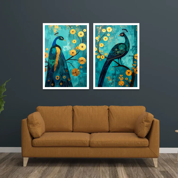 Two framed paintings of peacocks on a wall above a brown sofa.