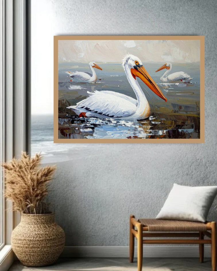 Pelican canvas wall art displayed in a modern living room with elegant neutral décor.