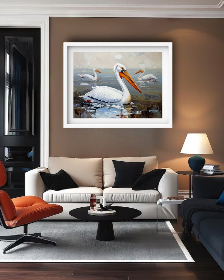 Elegant pelican wall art enhancing a luxurious lounge with warm ambient lighting.