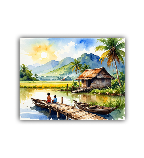 Painting of a tropical scene with a hut, boat, and people on a dock.