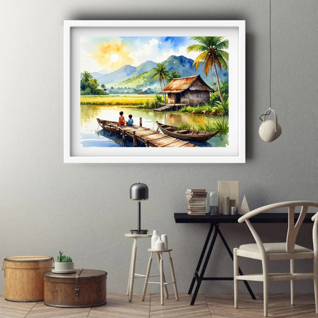 Framed tropical landscape painting on a wall with a desk and decor items below.