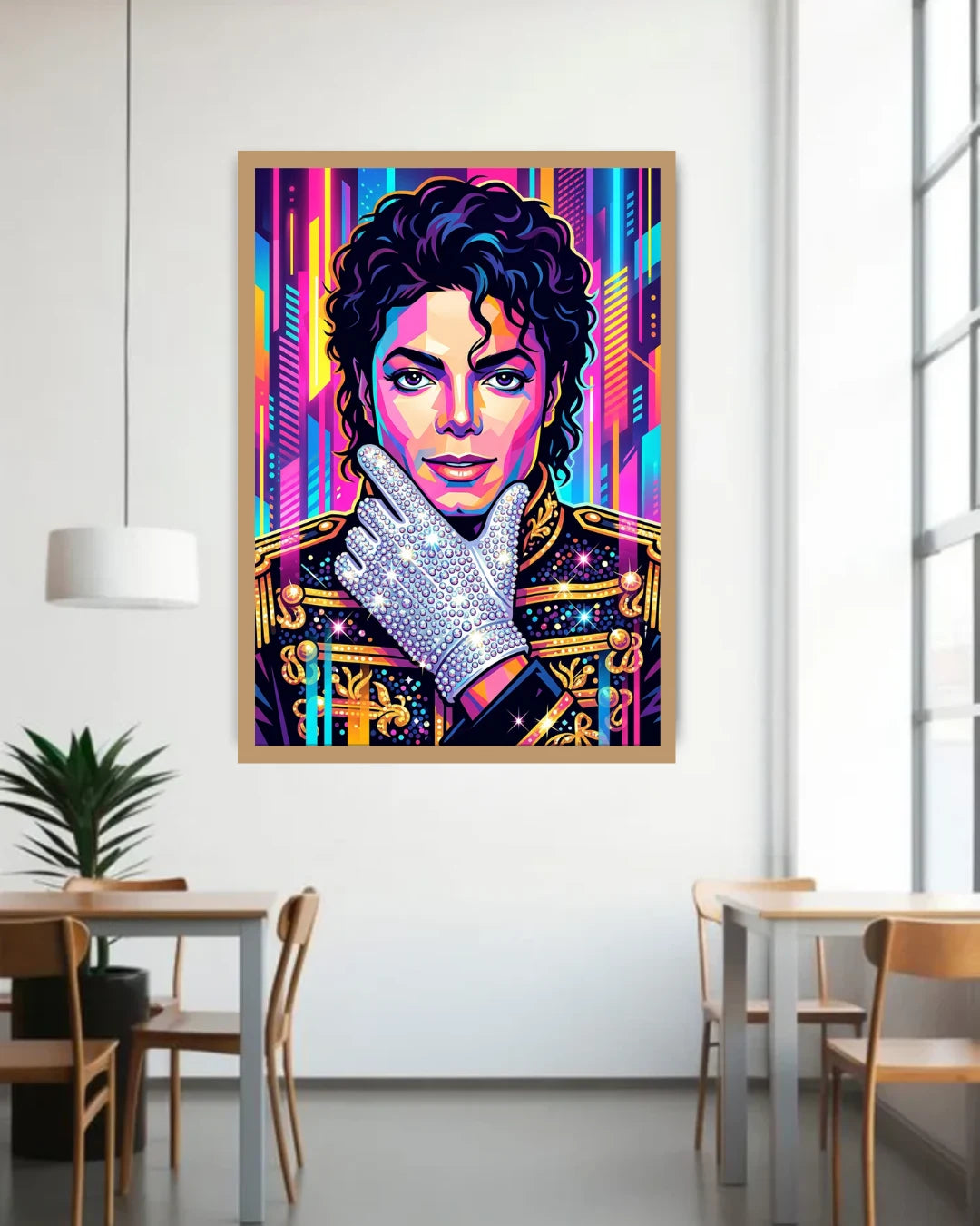 Colorful framed portrait of a famous figure in a modern interior setting
