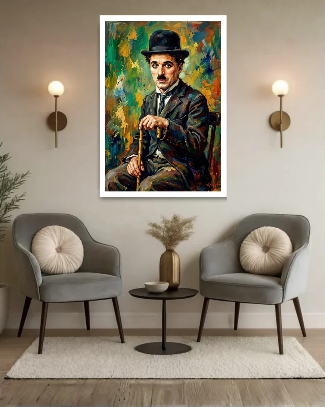 Living room with two gray chairs, a small round table, and a colorful framed portrait of a man on the wall.