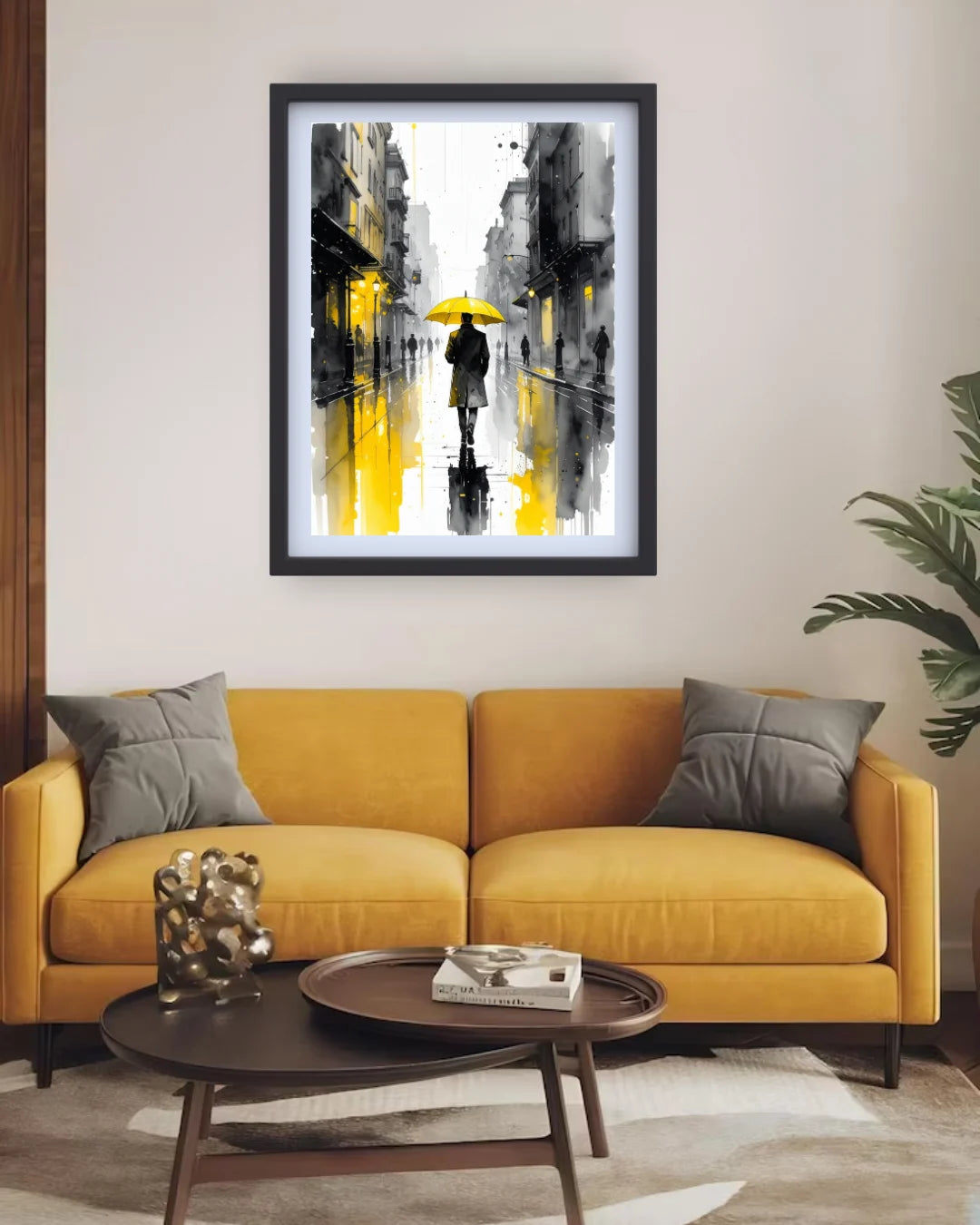 rainy city canvas artwork displayed in cozy living room decor